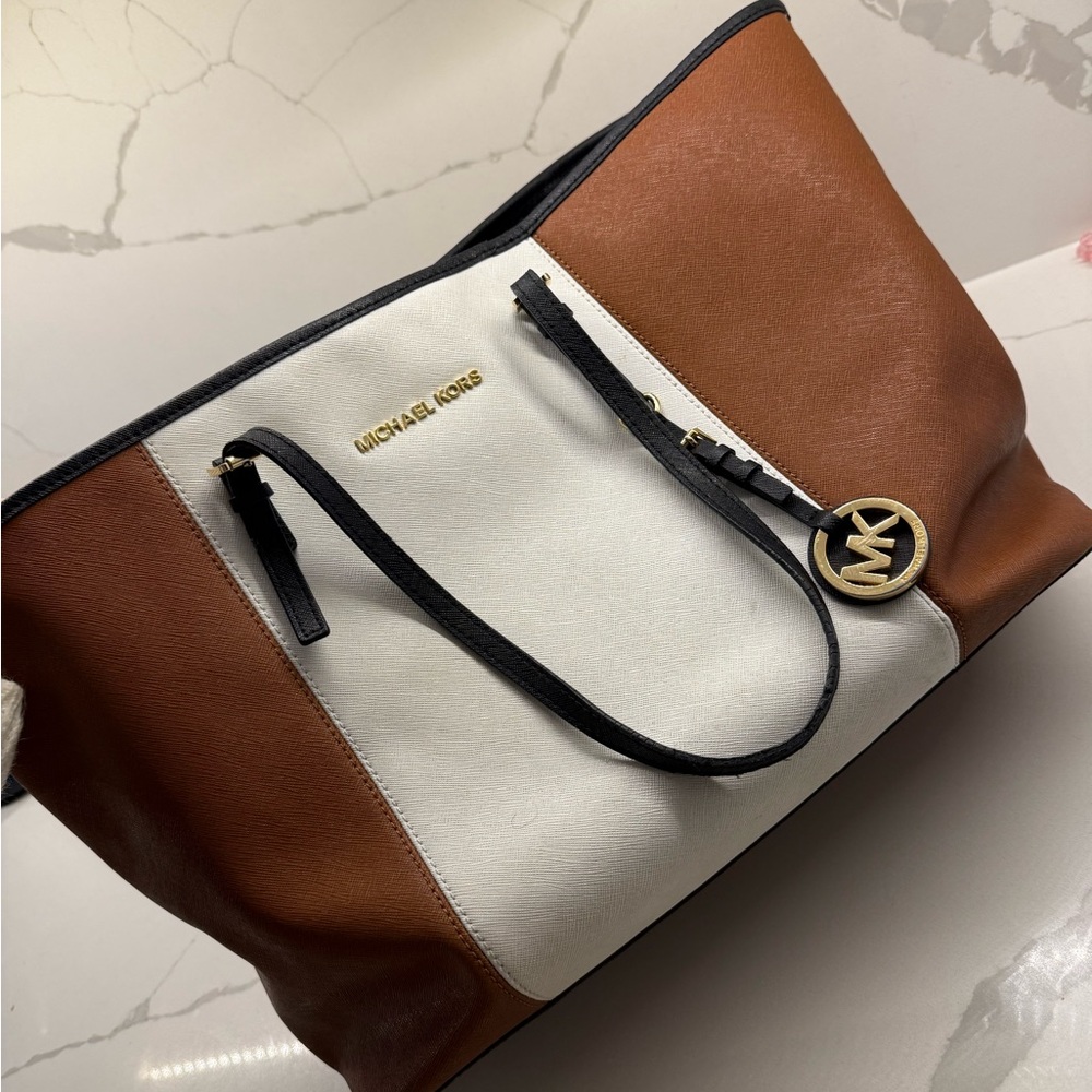 Michael Kors Tan and White Tote Bag